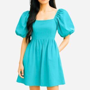 A New Day Women Smoked Open Back Turquoise Puff Sleeve Mini Dress Size Small NWT